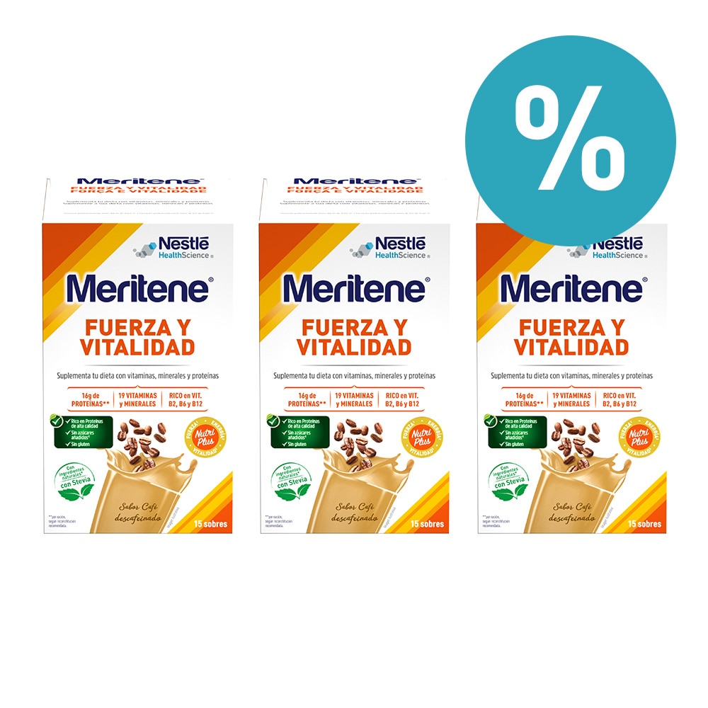 Descuento de 10 euros adquiriendo tres bebidas Fuerza y Vitalidad con sabor cafe de Meritene