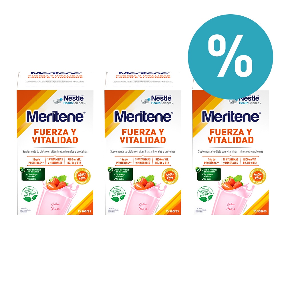 Descuento de 10 euros adquiriendo tres bebidas sabor fresa Fuerza y Vitalidad Meritene