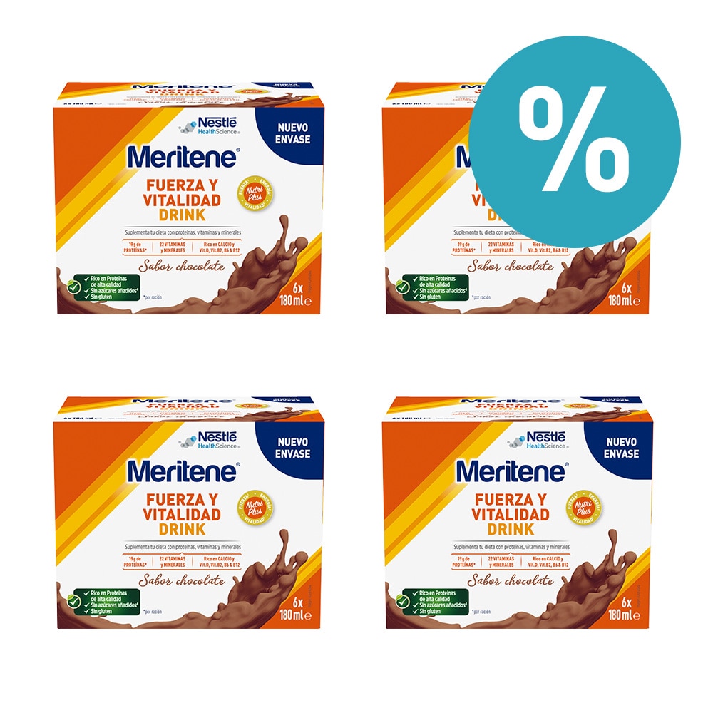 Descuento de 5 euros adquiriendo 4 bebidas Fuerza y Vitalidad con sabor chocolate de Meritene