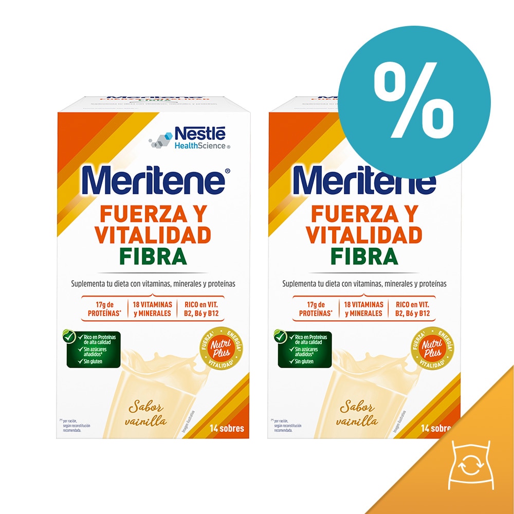 Descuento de 5 euros adquiriendo dos bebidas sabor vainilla Fuerza y Vitalidad Fibra Meritene